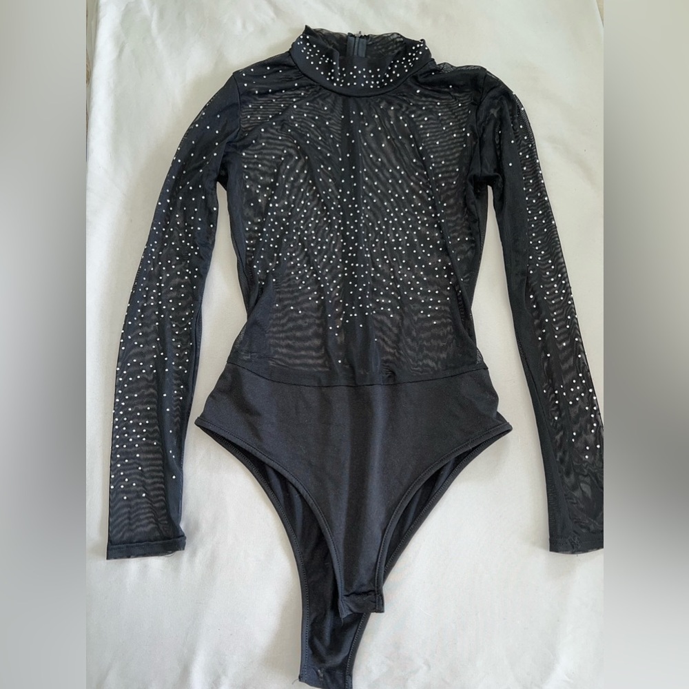 Black long sleeve sheer bedazzled bodysuit